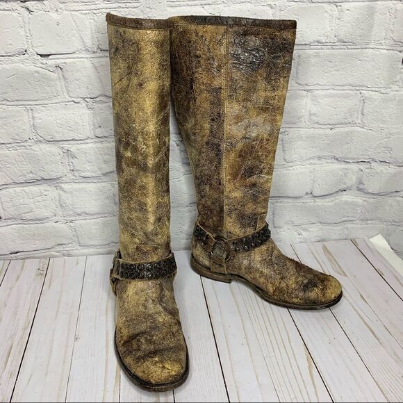 FRYE Phillip studded harness tall boots in chocolate glazed vintage leather - Picture 3 of 16